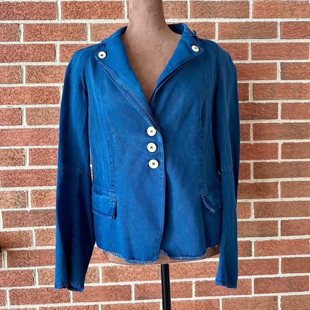High Use Women's Blue Cotton Linen Notch Lapel Blazer Jacket, Size US 8